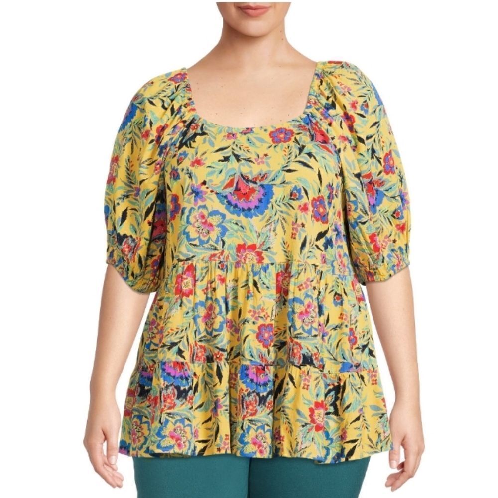 Terra & Sky Yellow Floral Puff-Sleeve Peplum Blouse